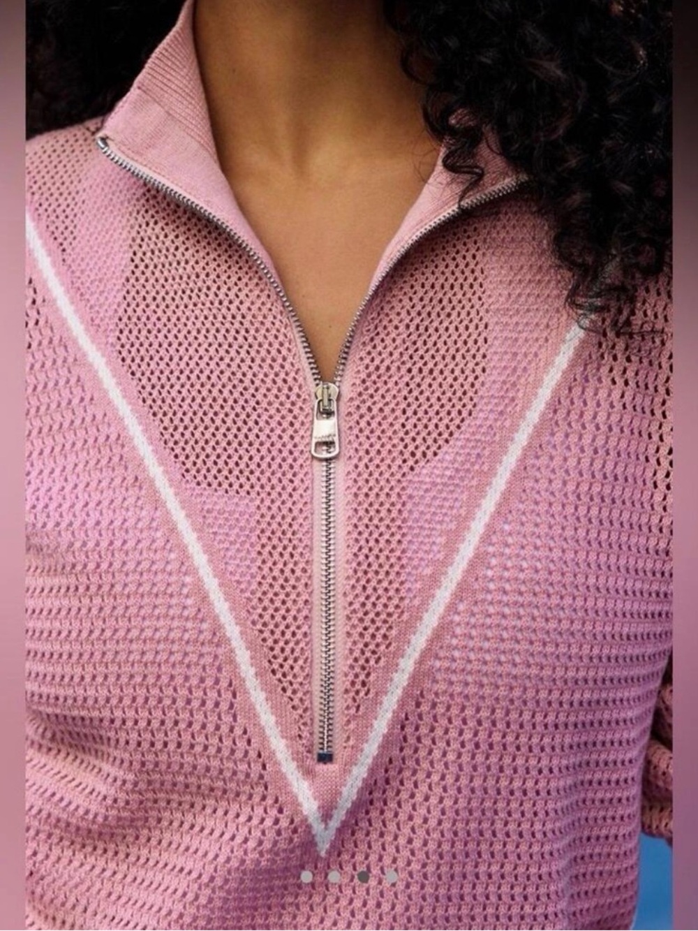 Varley Pink Open-Knit Half-Zip Sweater with Silver Zip